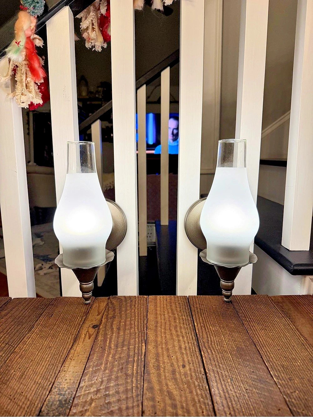 Pair of vintage colonial wall sconces w/ frosted shades and wireless LED bulbs